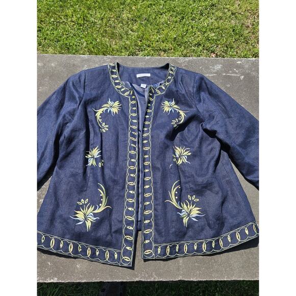 dressbarn Jackets & Blazers - Dressbarn 18W Navy Embroidered Floral Artisan Jacket Lined Open Front 3/4 Sleeve